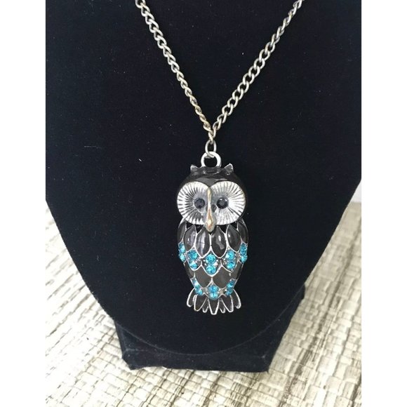 Owl Pendant Necklace Silver‎ Tone Black Blue Rhinestone Chain Jewelry - Picture 2 of 3